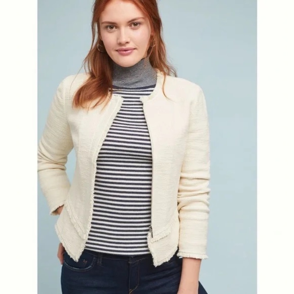 Anthropologie Ettitwa Cream Fringe Trim Textured Knit Zip Jacket Blazer Small